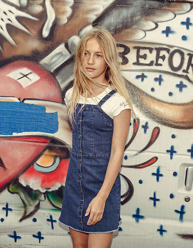 Vestido-peto 2 en 1 vaquero con camiseta niña - IKKS