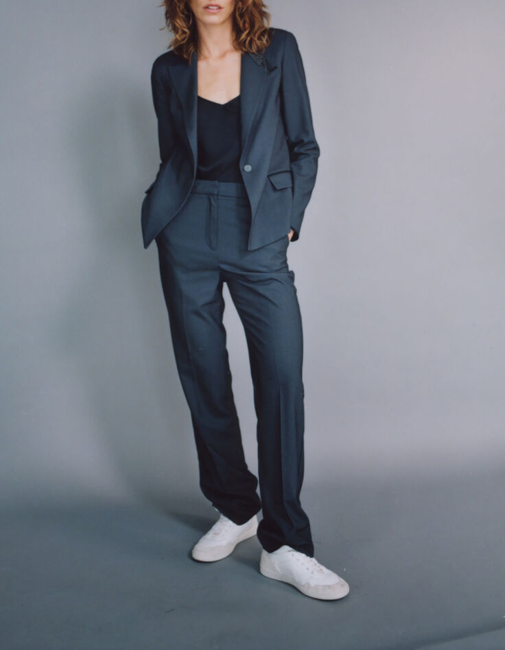Women’s black semi-plain jacquard straight suit trousers-1