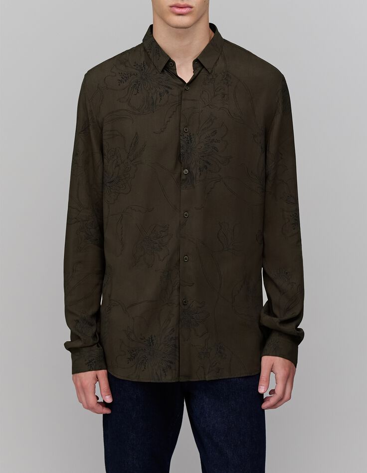 Men's khaki maxi flower print SLIM shirt-1