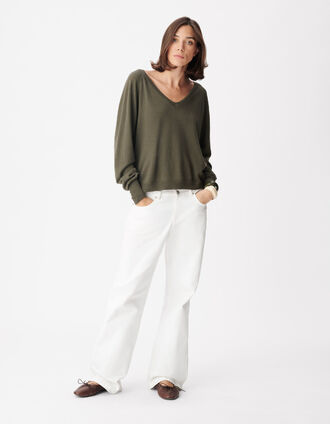 Women's Khaki V-Neck Wool Sweater Rhinestone Back