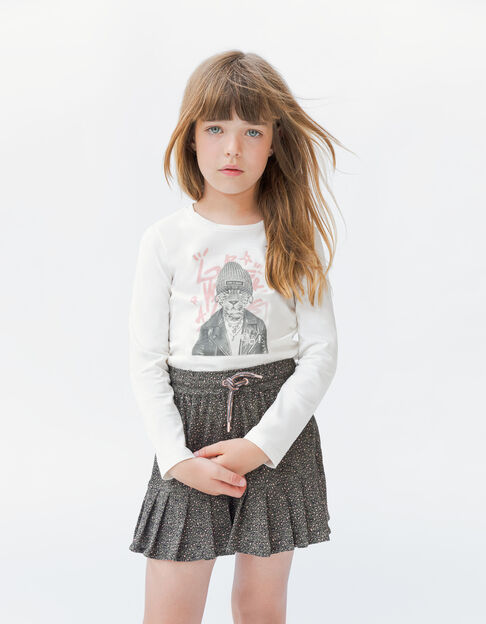 Girls’ ecru T-shirt with leopard on glittery graffiti