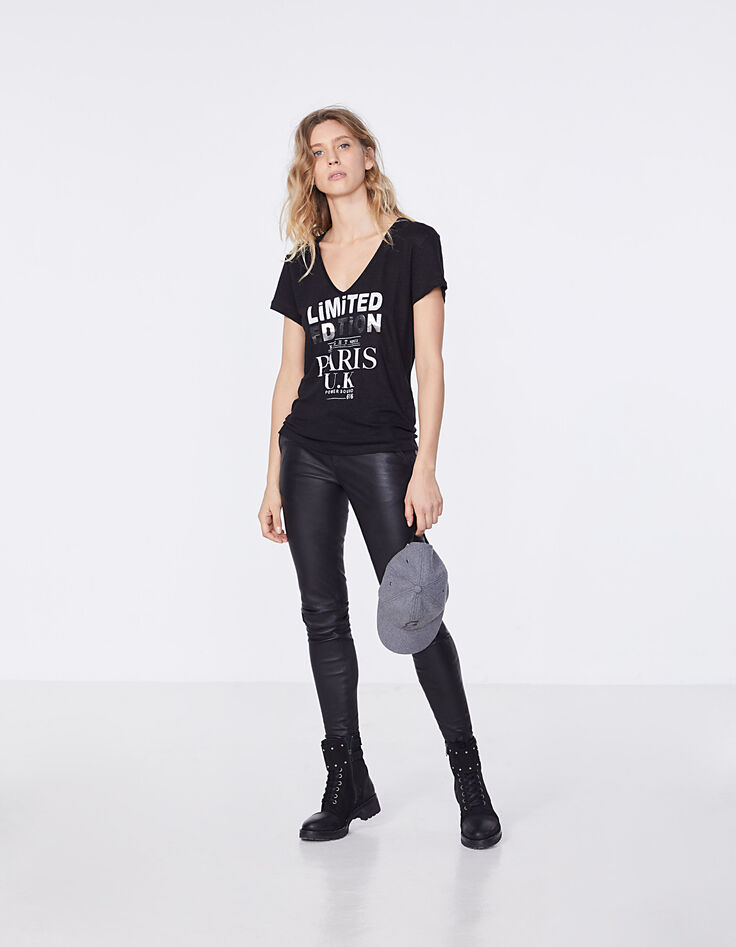 Women’s black metallic print linen V-neck T-shirt-6