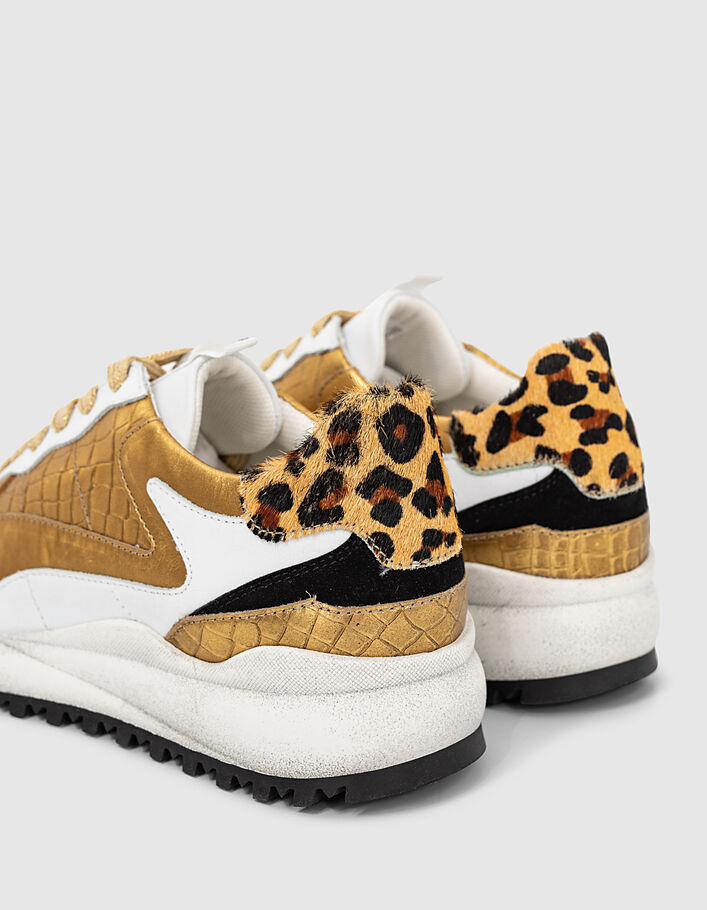 Sneakers mix leer gouden reptieleffect luipaarddetail-4