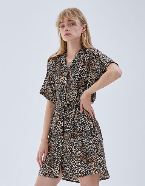 Women’s cognac shirt dress with baby leopard print