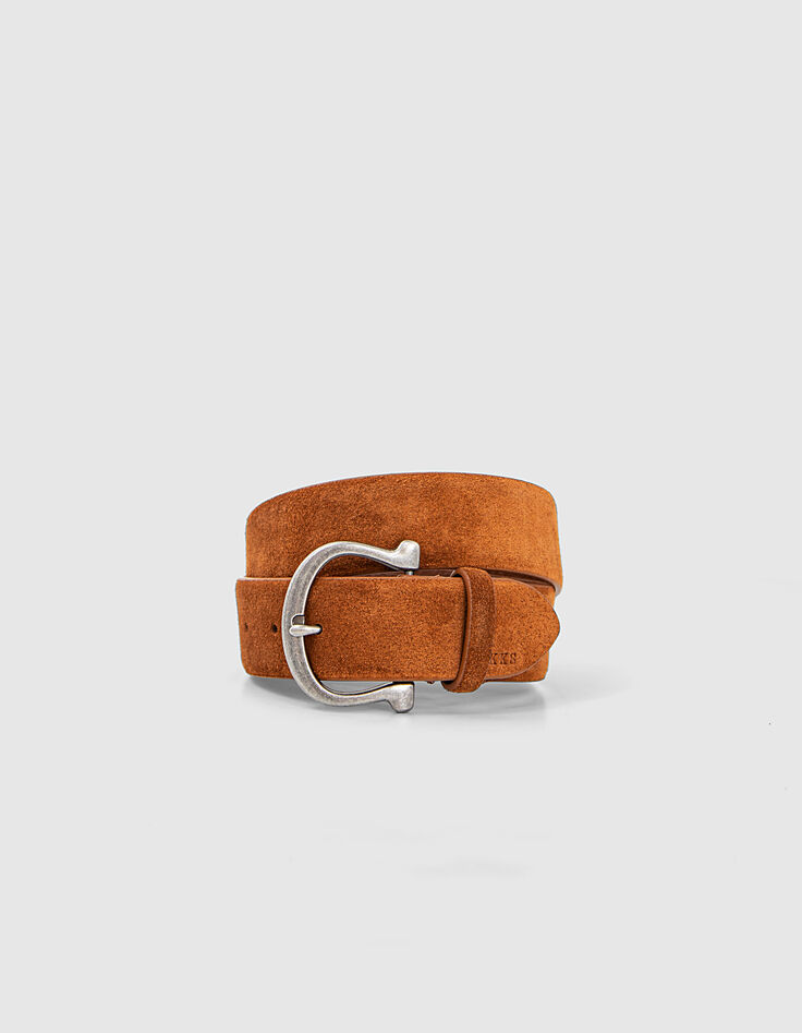 Ceinture jean en cuir suédé camel boucle western femme-1