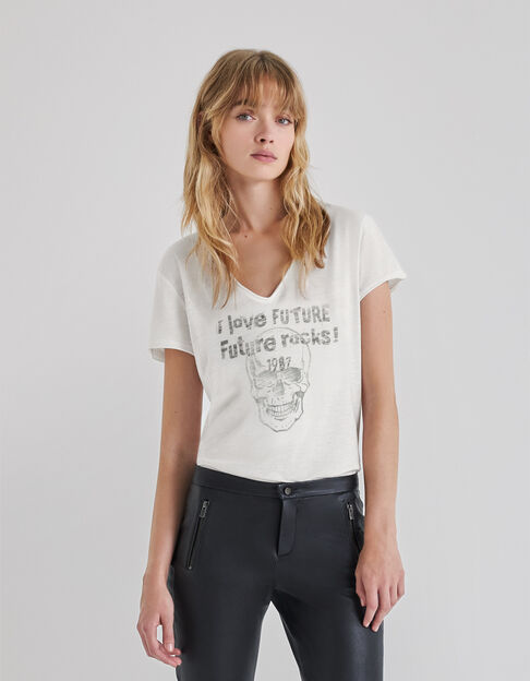 Weißes Damen-T-Shirt Bio-Baumwolle mit Totenkopfmotiv - IKKS