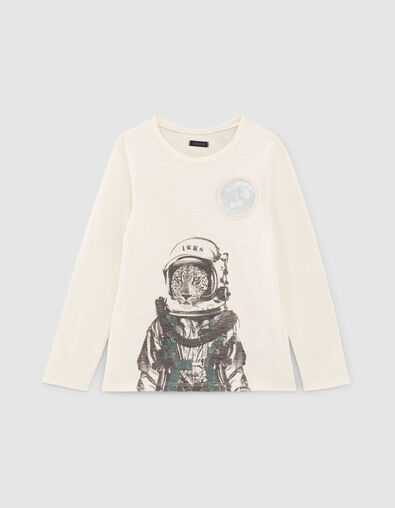Boys&rsquo; ecru astronaut-leopard image organic cotton T-shirt - IKKS