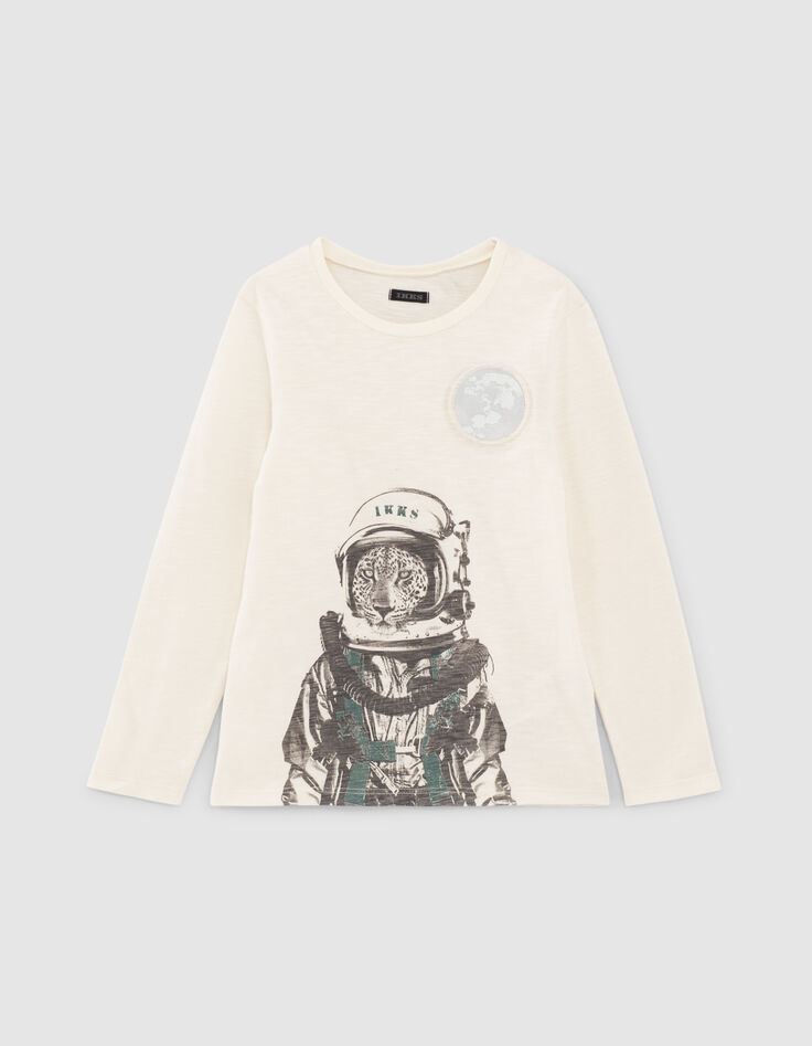 Boys&rsquo; ecru astronaut-leopard image organic cotton T-shirt-1