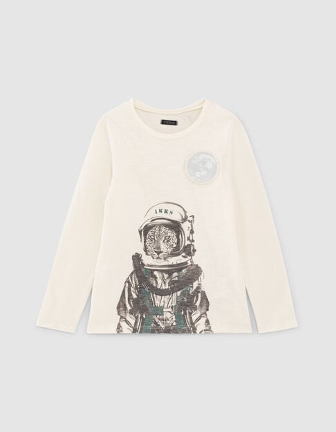 T-shirt écru coton bio visuel léopard-astronaute garçon 