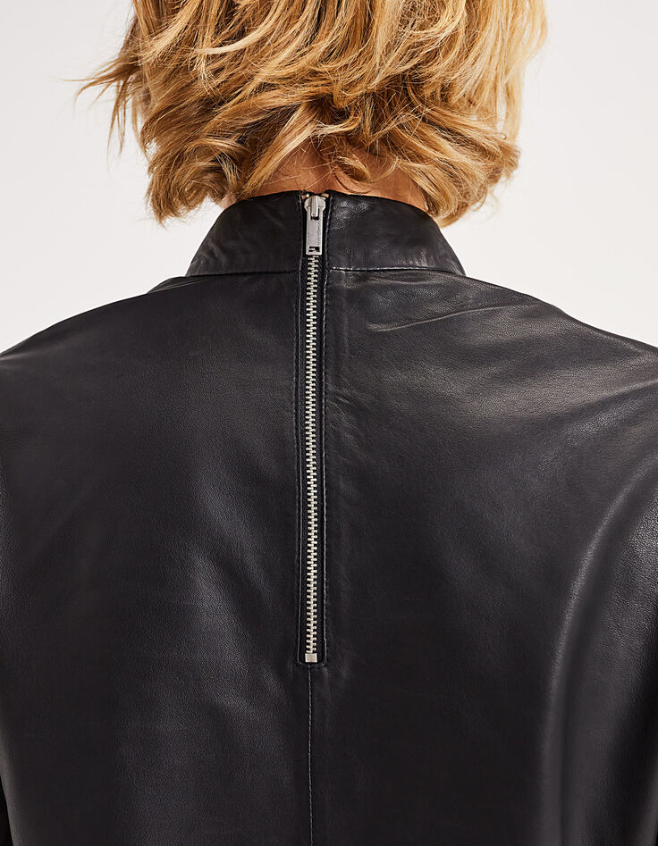Schwarze Damenbluse aus Lammleder mit hohem Kragen-5