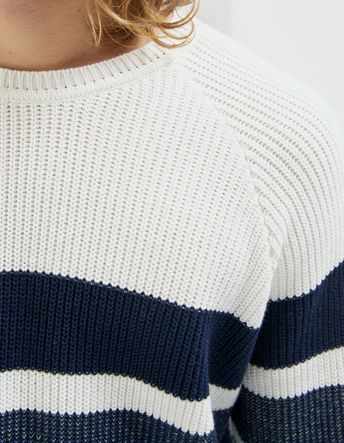 Men’s off-white knit sweater with navy sailor stripes - IKKS