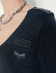 Tee-shirt viscose Ecovero® bleu marine broderies femme-2