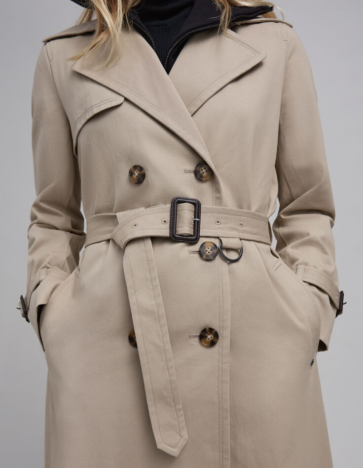 Women's long beige trench coat with removable trim-7