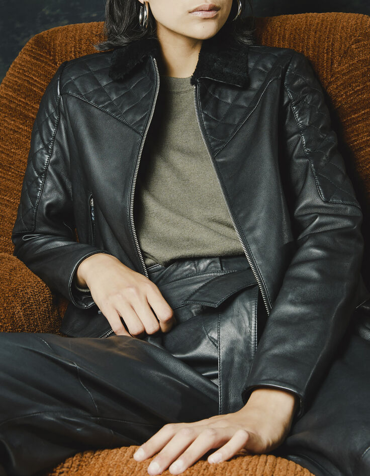 Women’s black quilted leather jacket with sheepskin collar-6