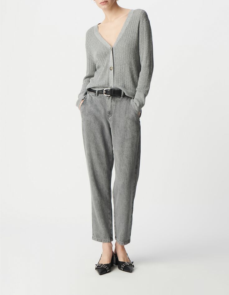 Elegante C&aacute;rdigan de l&uacute;rex gris calado para Mujer-1