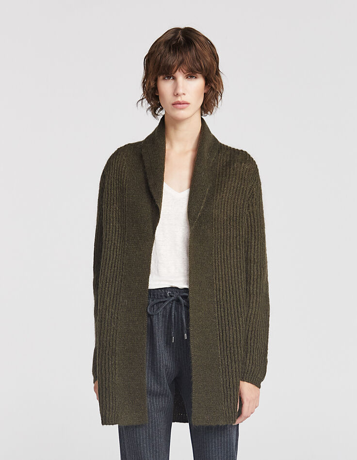 Cardigan kaki mi-long broderie dos femme-6