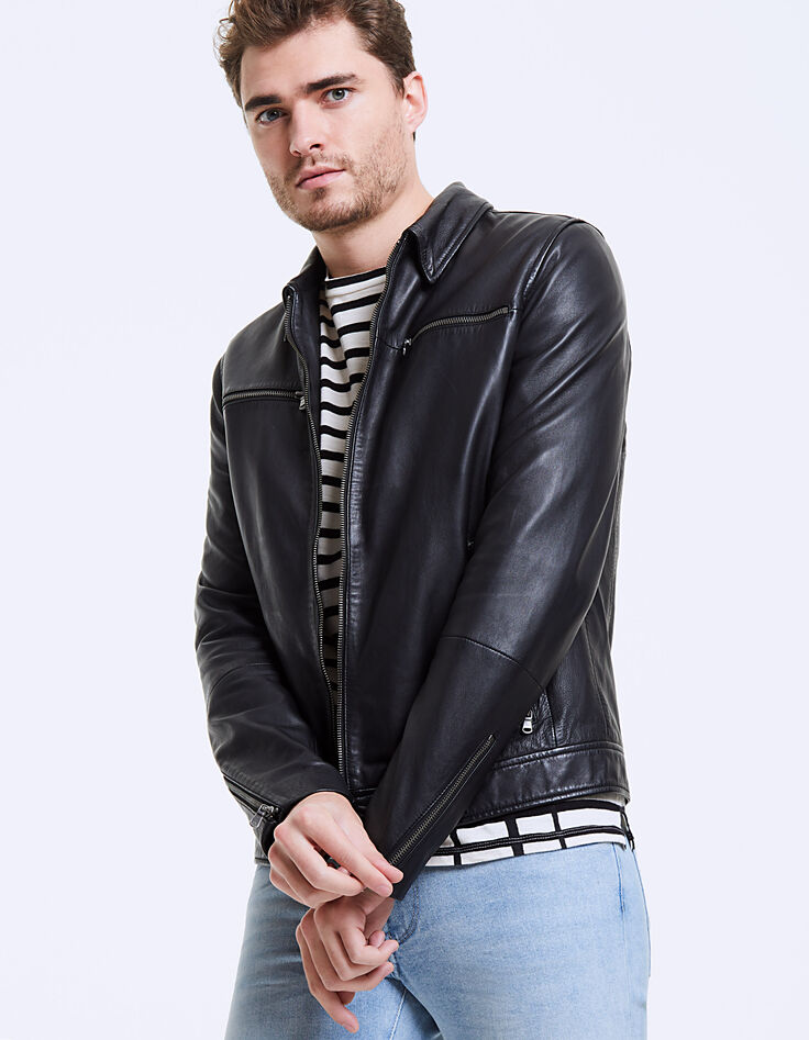 Blouson en cuir noir à capuche Homme-7