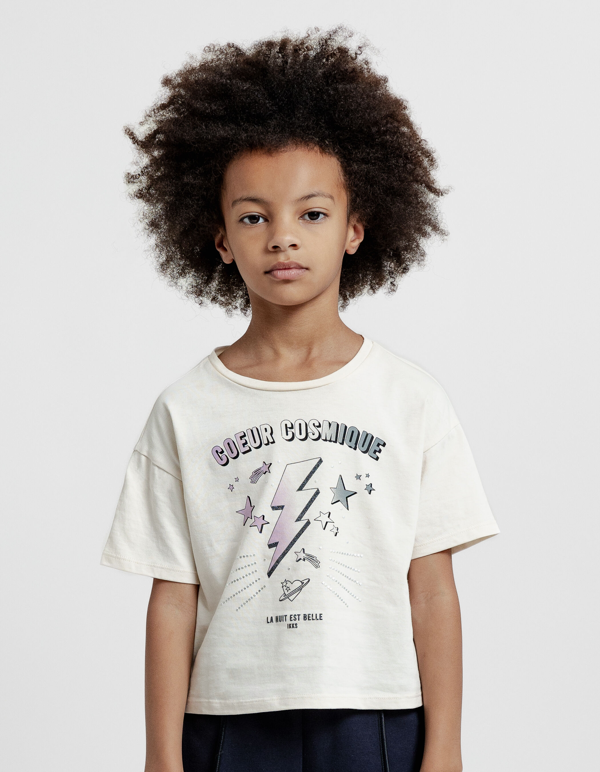 Girl s ecru organic cotton stars and lightning T shirt IKKS