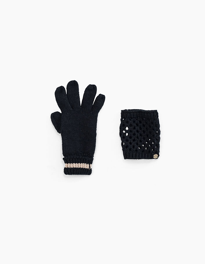 Girls’ black knitted gloves with openwork knitted mittens  - IKKS