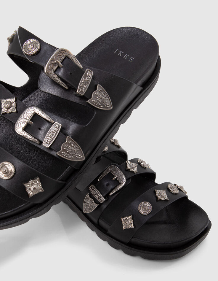 Mules noires triple bride western rock Femme-7