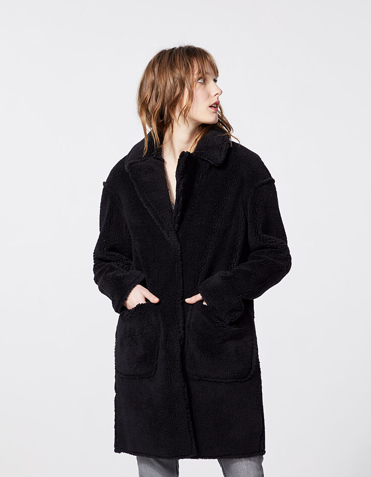 Women’s black faux shearling mid-length coat-4