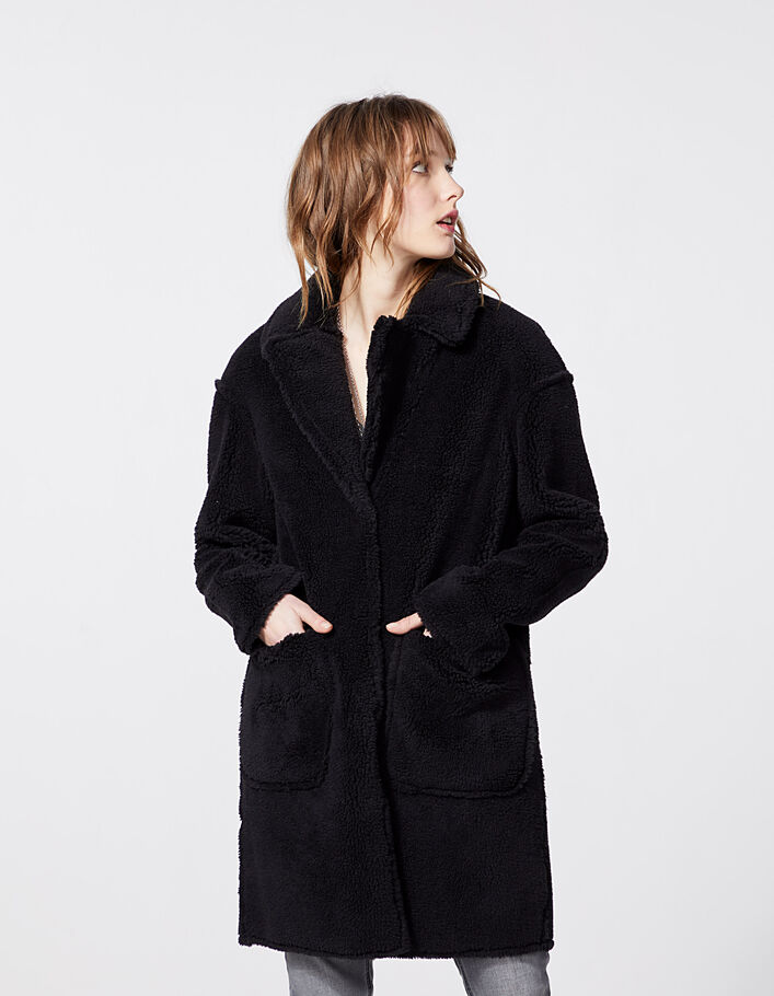 Women’s black faux shearling mid-length coat - IKKS
