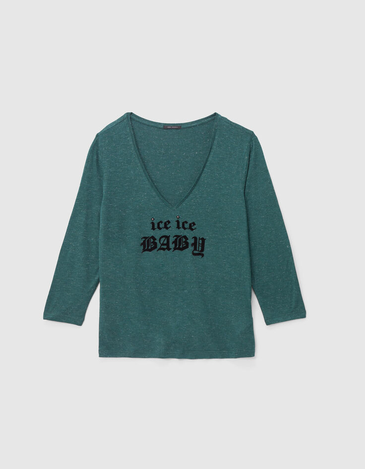Tee-shirt turquoise pailleté à message floqué Femme-1