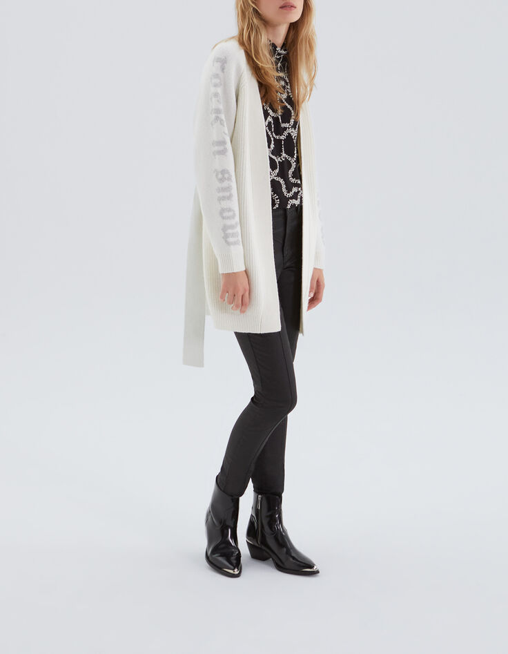 Women’s ecru knit belted cardigan with slogans on sleeves-6