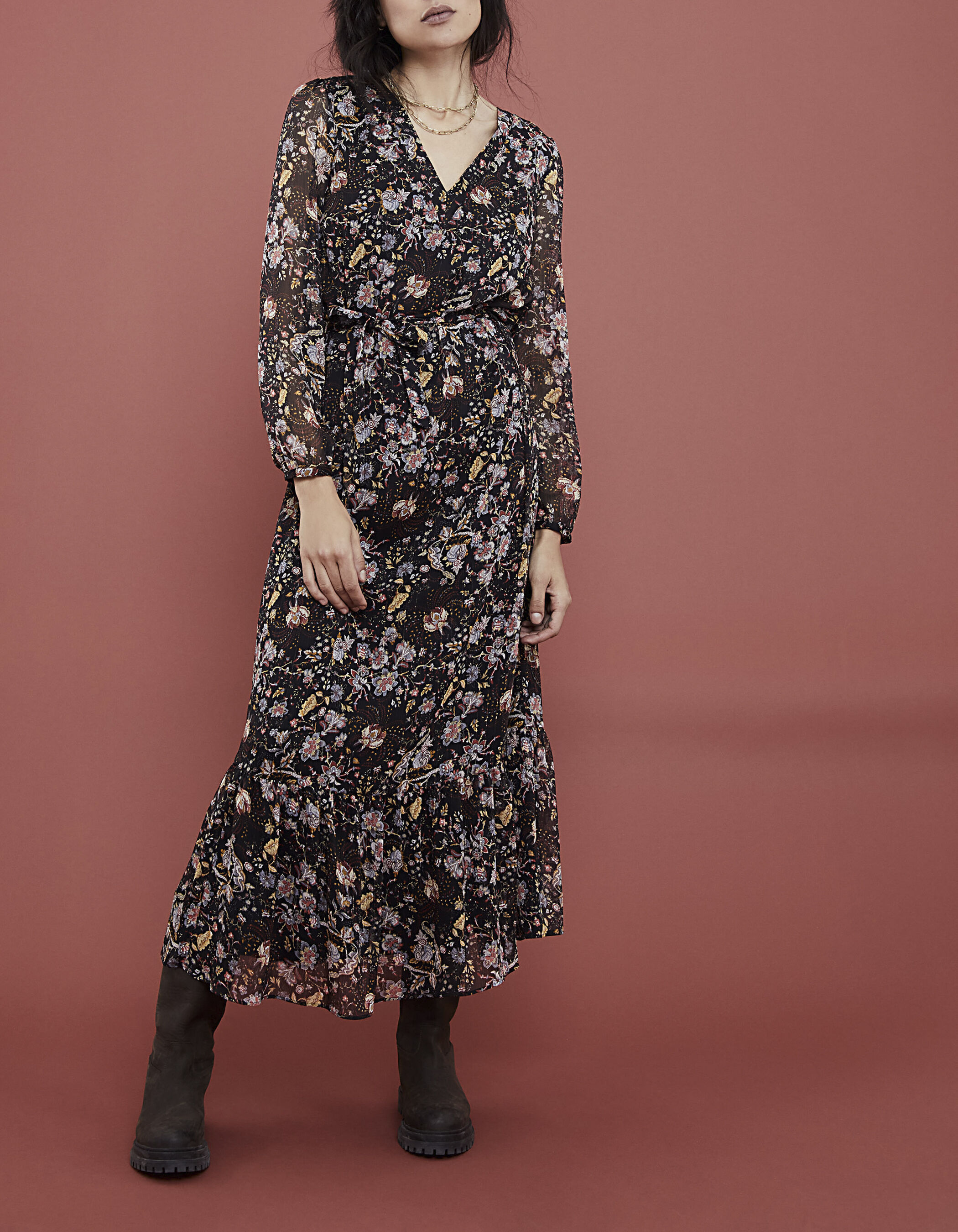 Robe longue en voile imprime floral metallise IKKS
