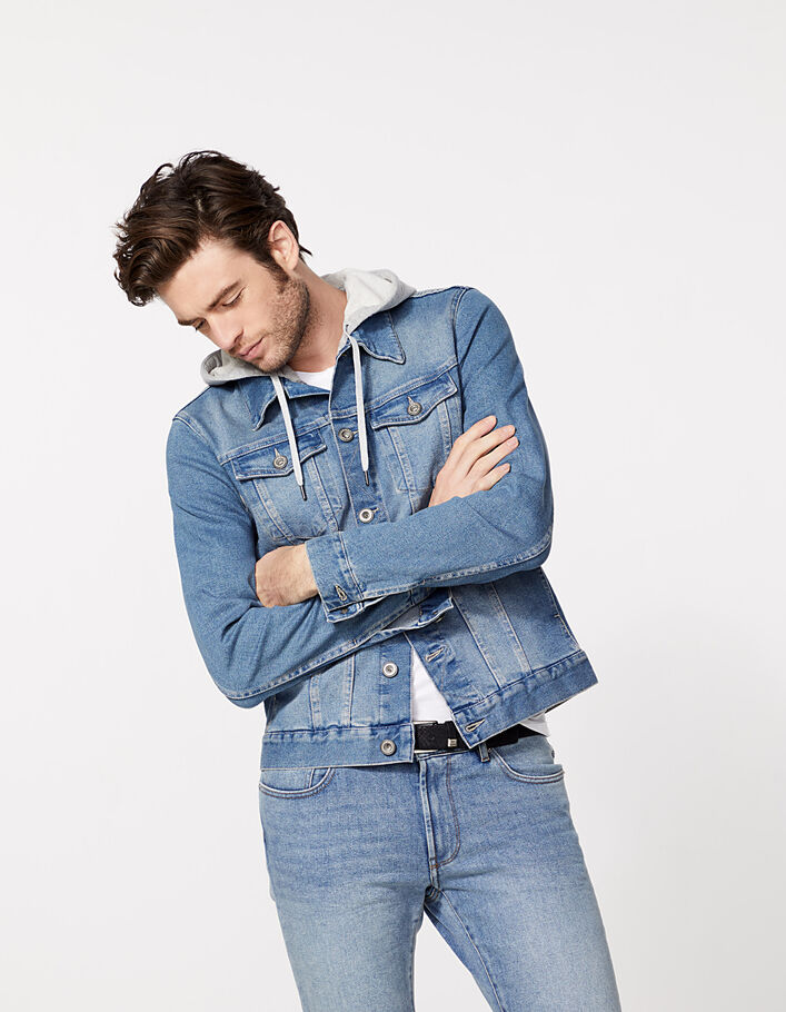 Men’s sky blue denim jacket, removable hood