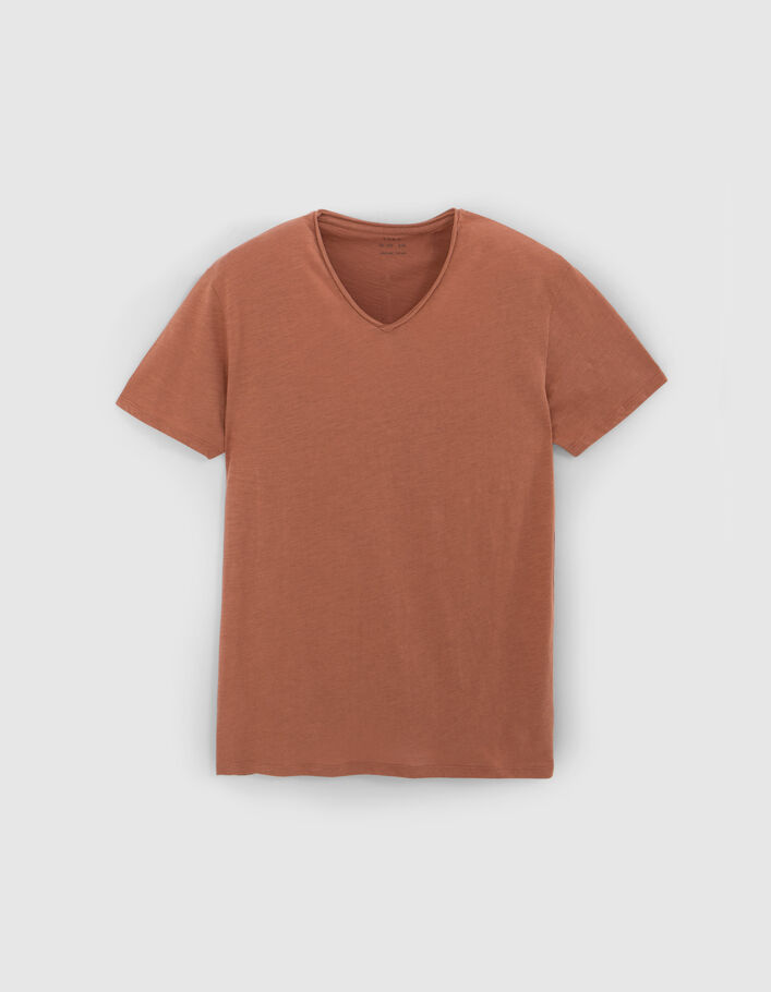 Men’s cognac organic cotton Essential V-neck T-shirt - IKKS