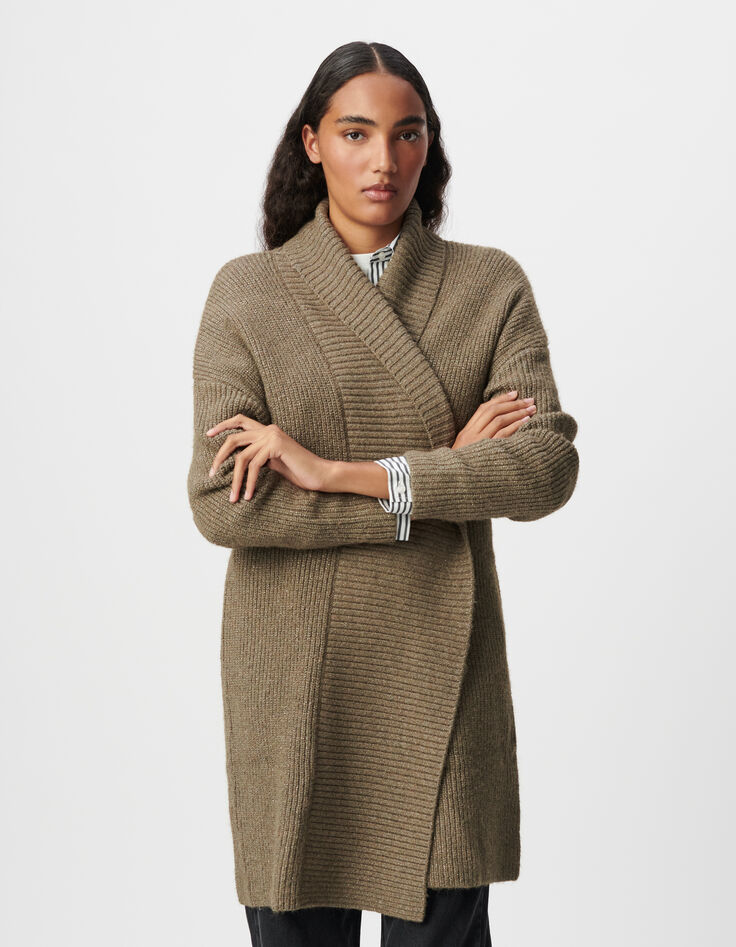 Chaqueta con cinturón militar caqui de punto lúrex para mujer-3 Chaqueta con cinturón militar caqui de punto lúrex para mujer-3