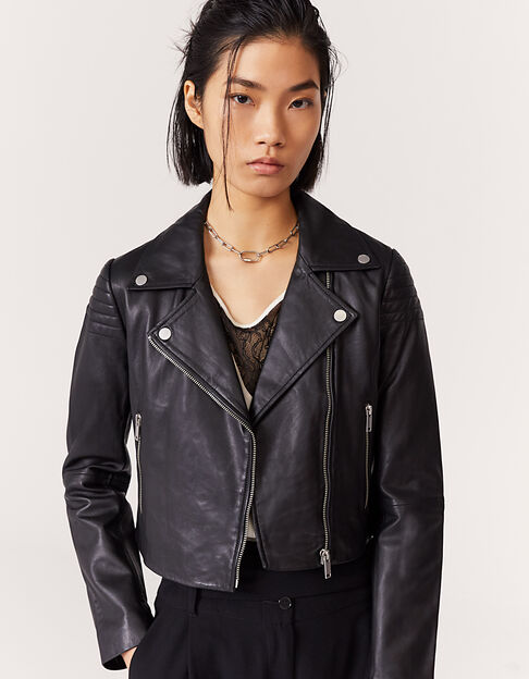 Women’s quilted shoulder lambskin leather short jacket