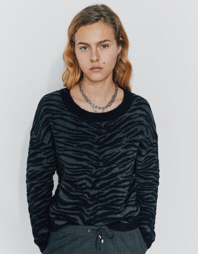 Women’s black and grey zebra-stripe jacquard short sweater - IKKS