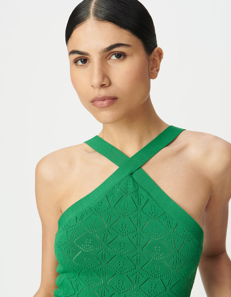 Top à bretelles vert tricot fin col croisé-4