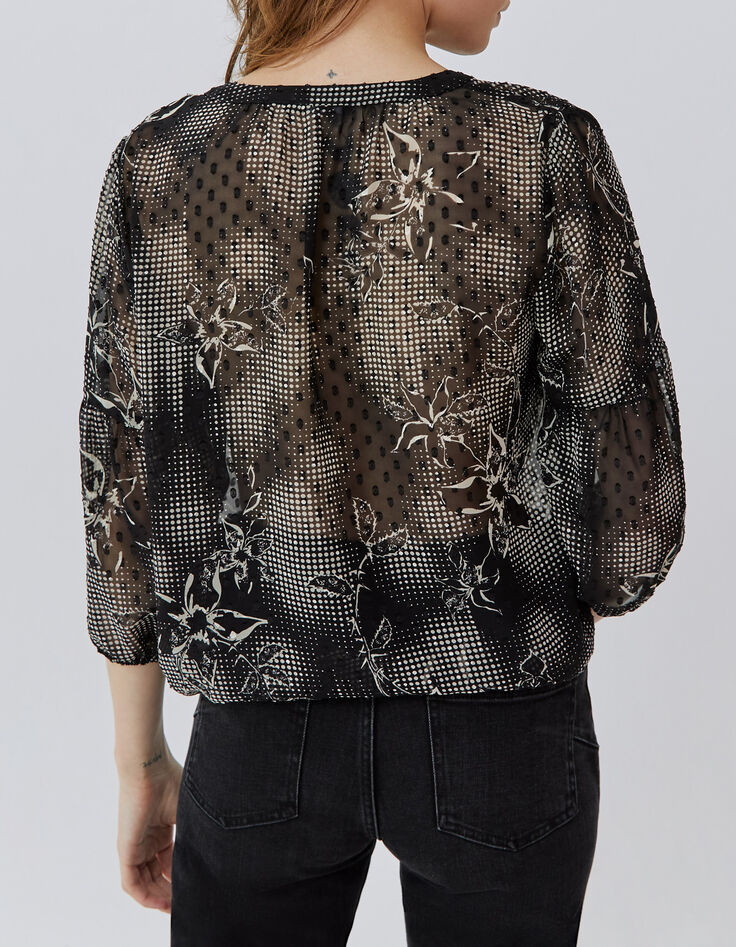 Women’s black blouse with ecru dandy flower print-3 Women’s black blouse with ecru dandy flower print-3