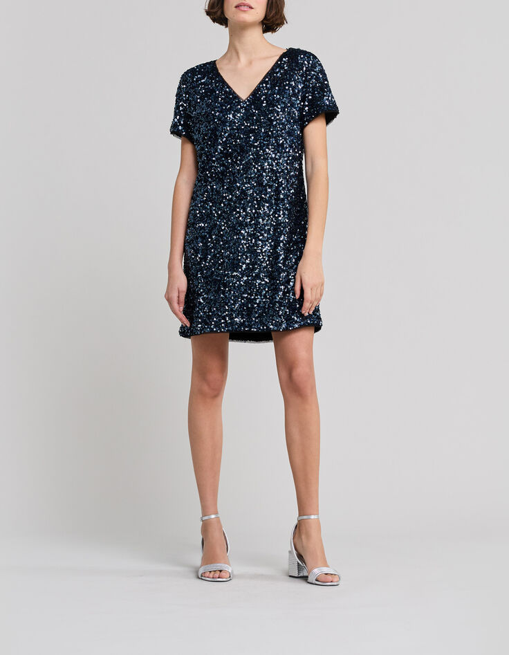 Women's reversible sequin-embroidered blue dress-2