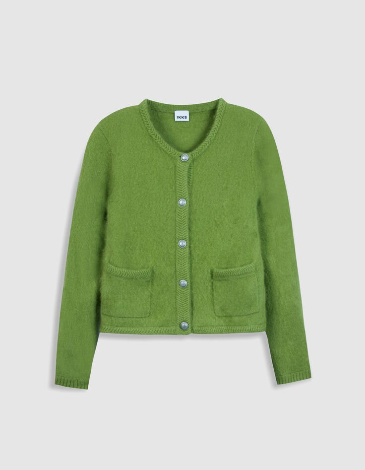Cardigan vert tricot mousseux 100% laine Femme-5