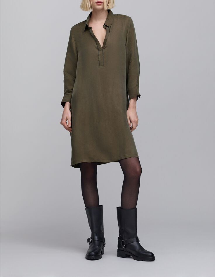 Women's khaki midi shirt dress with jewels-2