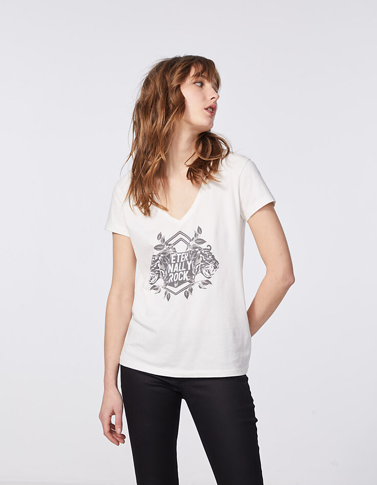 T-shirt gebroken wit acid wash opdruk dames-2