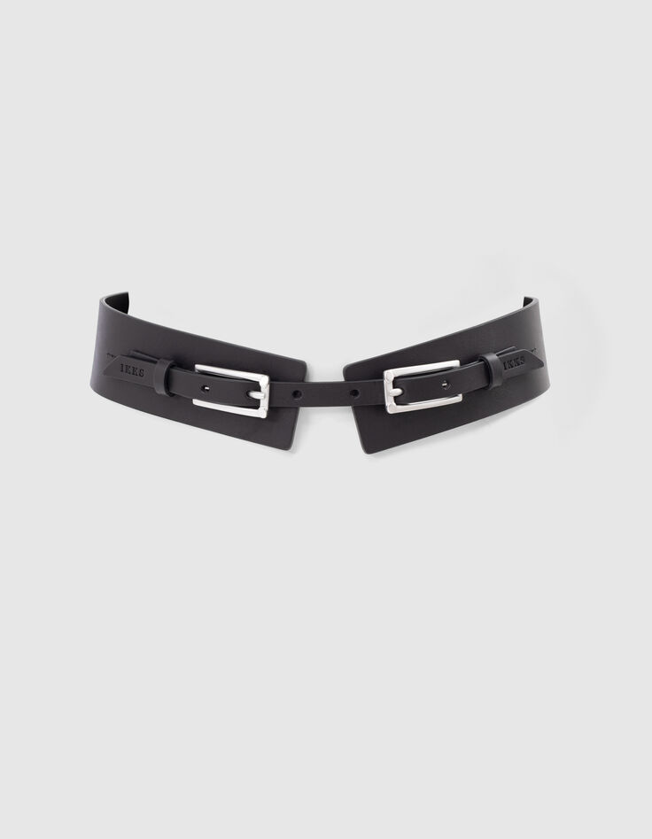 Ceinture en cuir noir double boucle ardillon femme-4