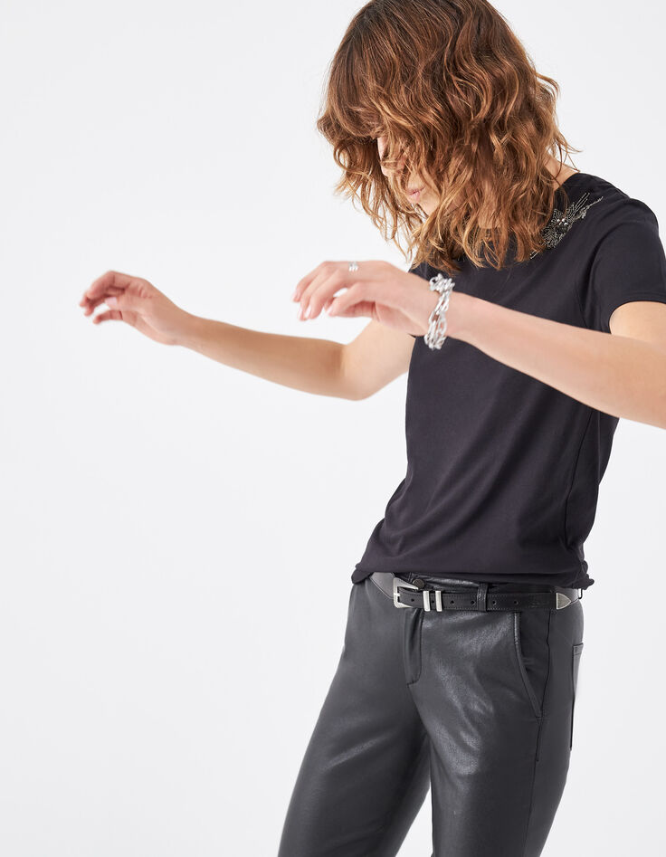 Tee-shirt en coton noir broderie étoiles épaules femme-5