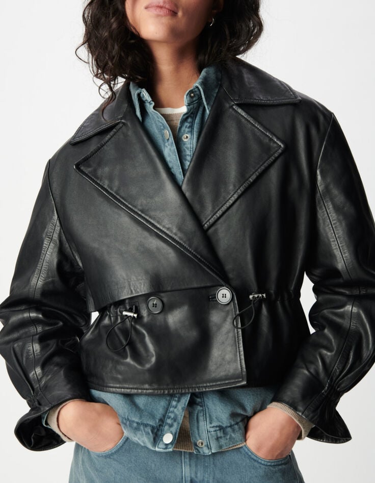 Chaqueta de piel negra oversize Talla Mujer-5