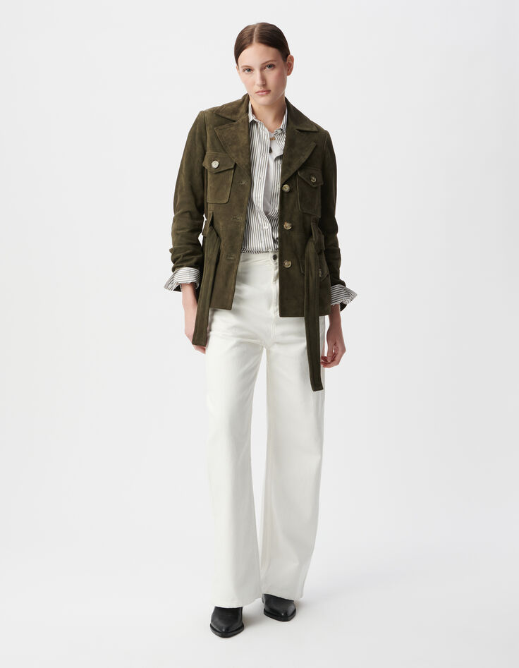 Veste saharienne kaki en cuir velours ceinturée Femme-2