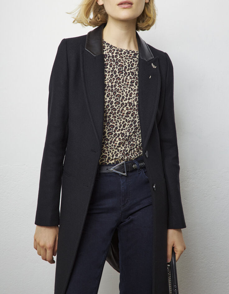 Women’s black shirt collar coat, grey trompe l'œil band-1 Women’s black shirt collar coat, grey trompe l'œil band-1