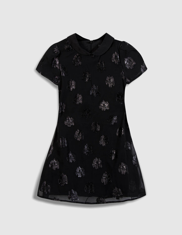 Schwarzes Jacquard-Kleid  Blumenmuster auf Voile-1