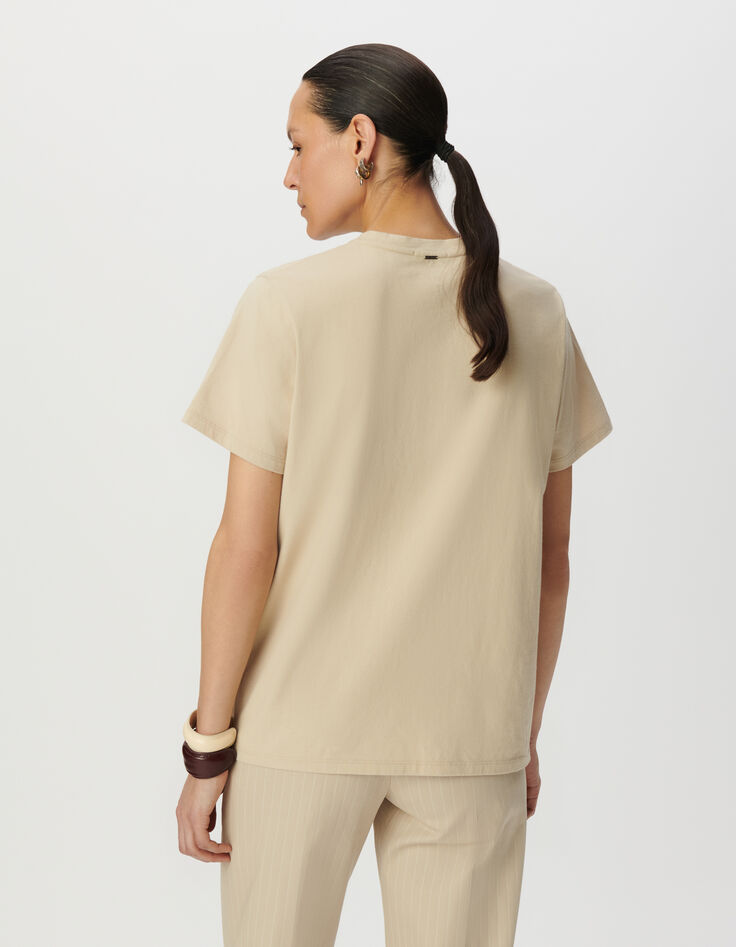 Tee-shirt col rond beige coton bio visuel aigle Femme-3