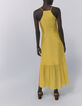 Langes gelbes Damenkleid mit schmalen Trägern und Volant-2