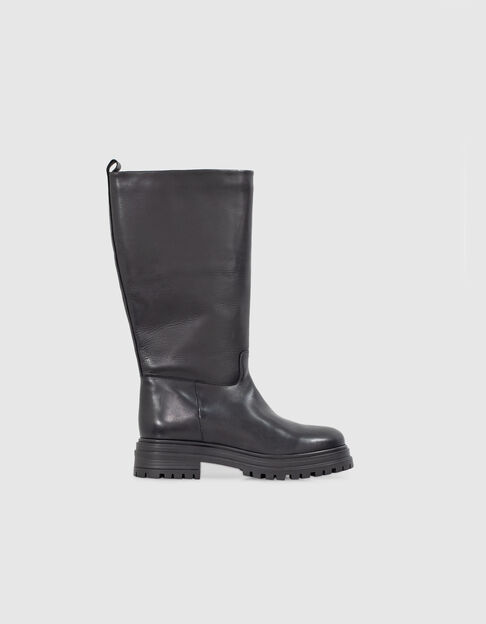 Women’s black leather high boots with lugged soles