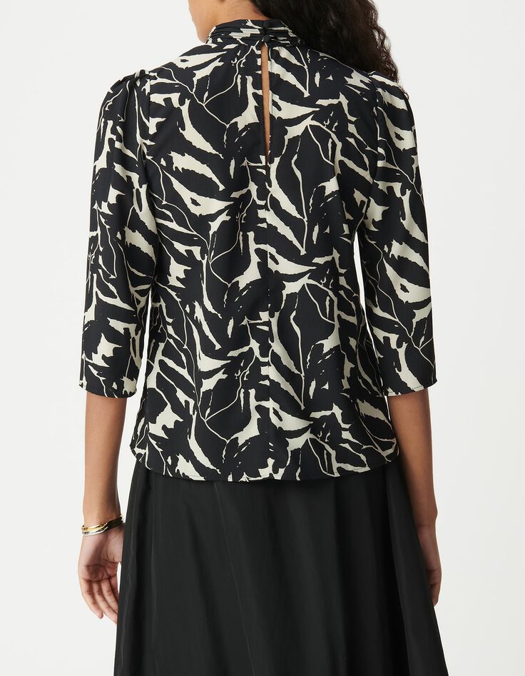 Vloeiende zwarte damesblouse met zebrabloemprint-3